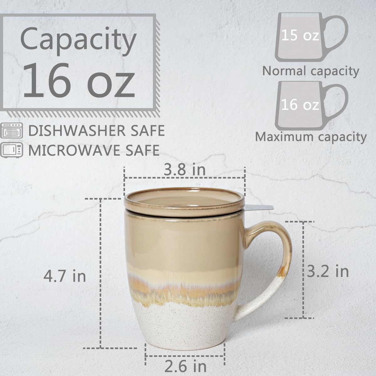 Bosmarlin Ceramic Tea Cup with Infuser and Lid, 16 Oz, 5 Colors to Choose, Dishwasher and Microwave Safe, Reactive Glaze, Steeping Tea Mug with Strainer (Purple)