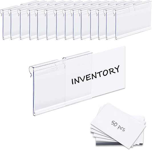 50PCS Basket Bin Labels Clip On,ChanQnTon Clear Plastic Label Holders for Storage Bins, Wire Shelf Price Tags,Merchandise Display Signs,50PCS 6X4CM Paper Inserts Included.