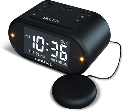 Riptunes Loud Alarm Clock with Bed Shaker for Heavy Sleepers & Hearing Impaired - Dual Alarm for Bedroom Weekday and Weekend Settings USB Charging, Dimmer, Snooze (Black)