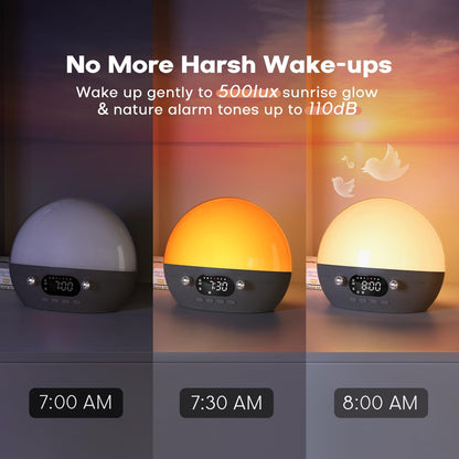 Sunrise Alarm Clock for Heavy Sleepers, Wake Up Light with Sunrise/Sunset Simulation, Dual Alarms & Natural Sounds, Snooze & Sleep Aid, FM Radio, 7 Colors Night Light for Bedroom, Ideal for Gift
