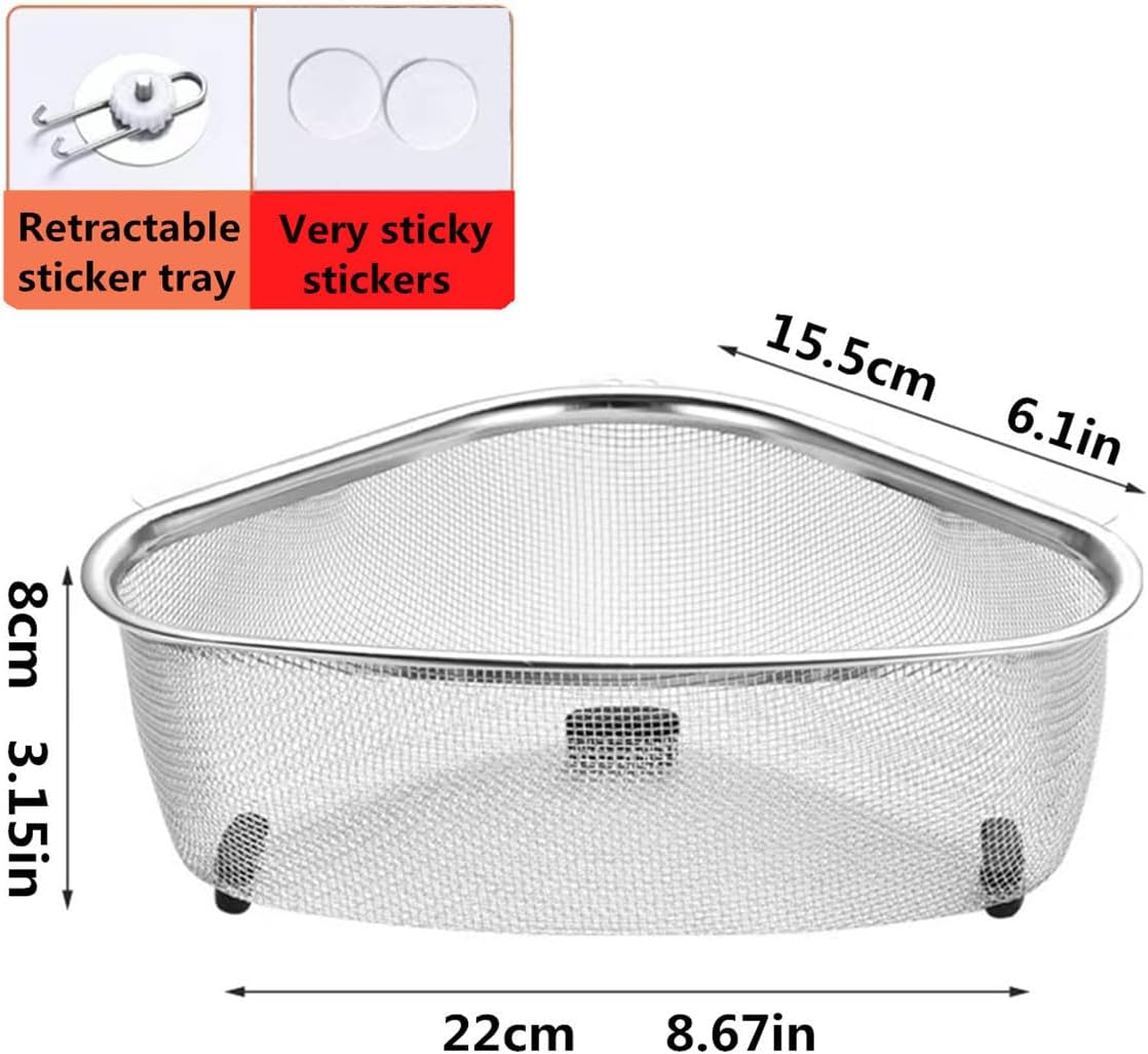 Kitchen Triangle Sink Strainer, Corner Sink Strainer, Multifunction Sink Drain Strainer Basket, Stainless Steel Food Catcher Strainer for Kitchen Waste, Vegetable, Fruits (Silver) (CF-001)