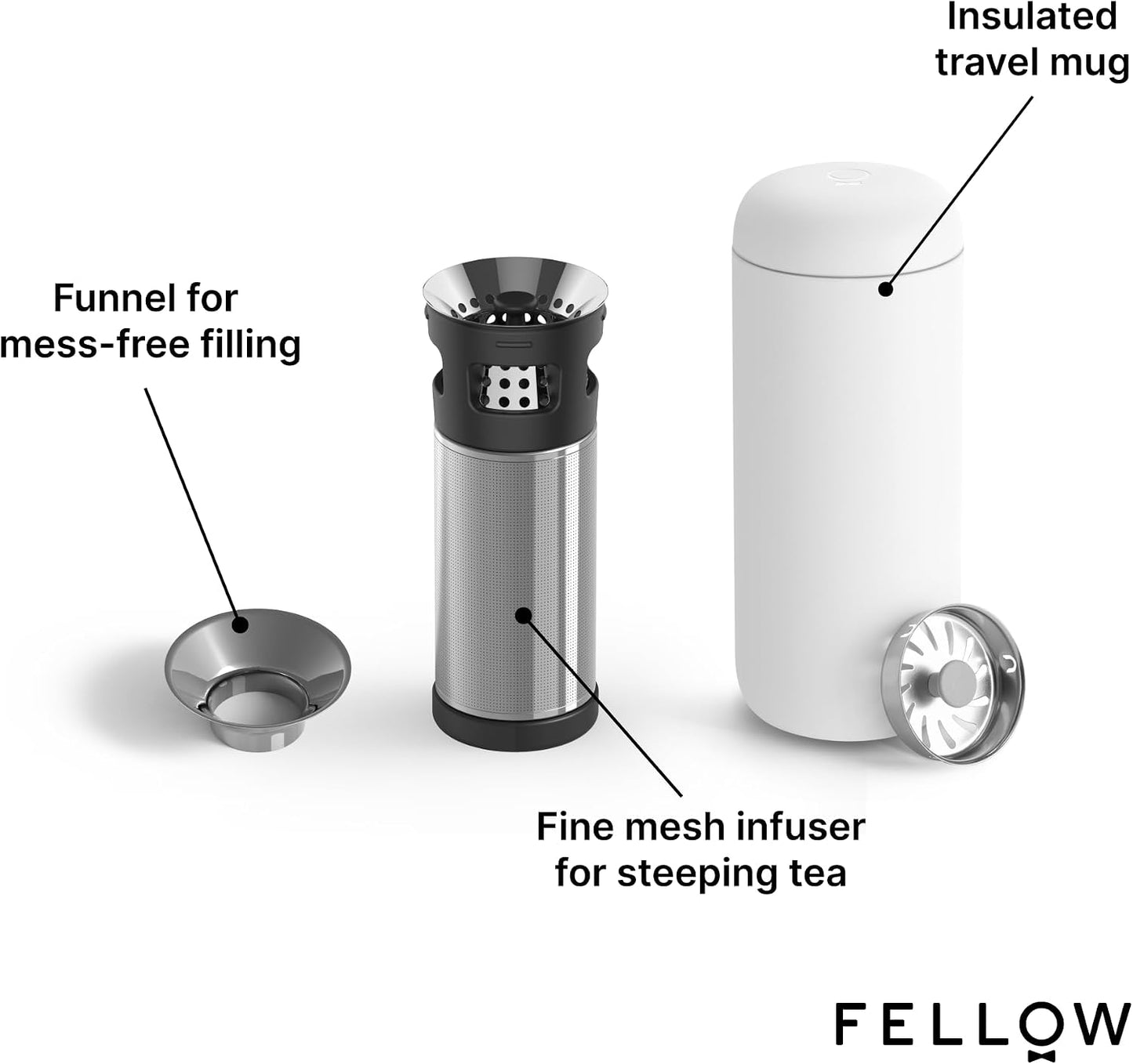 Fellow Carter Tea Infuser for Loose Leaf Tea and Cold Brew - Fine Mesh | Stainless Steel Tea Steeper, Dishwasher Safe, Snaps Into Carter Mug 16 oz, Drip Tray Included, Tea Diffuser for Mugs