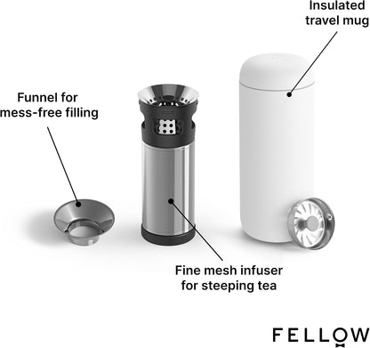 Fellow Carter Tea Infuser for Loose Leaf Tea and Cold Brew - Fine Mesh | Stainless Steel Tea Steeper, Dishwasher Safe, Snaps Into Carter Mug 16 oz, Drip Tray Included, Tea Diffuser for Mugs