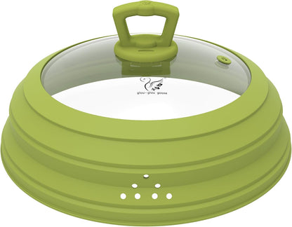 Microwave Splatter Cover Vented Glass Splatter Guard Lid with Collapsible Silicone for Food as Pot Cover Plate 10.8 inch for 6 7 8 9 10 inch Plate Bowl