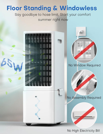 Portable Air Conditioners 4 Modes&3 Speeds,4 Ice Packs, Waterless Alert System, 12H Timer, Remote,1 Gal Detachable Water Tank, 70°Oscillation Windowless Evaporative Air Cooler for Room Office