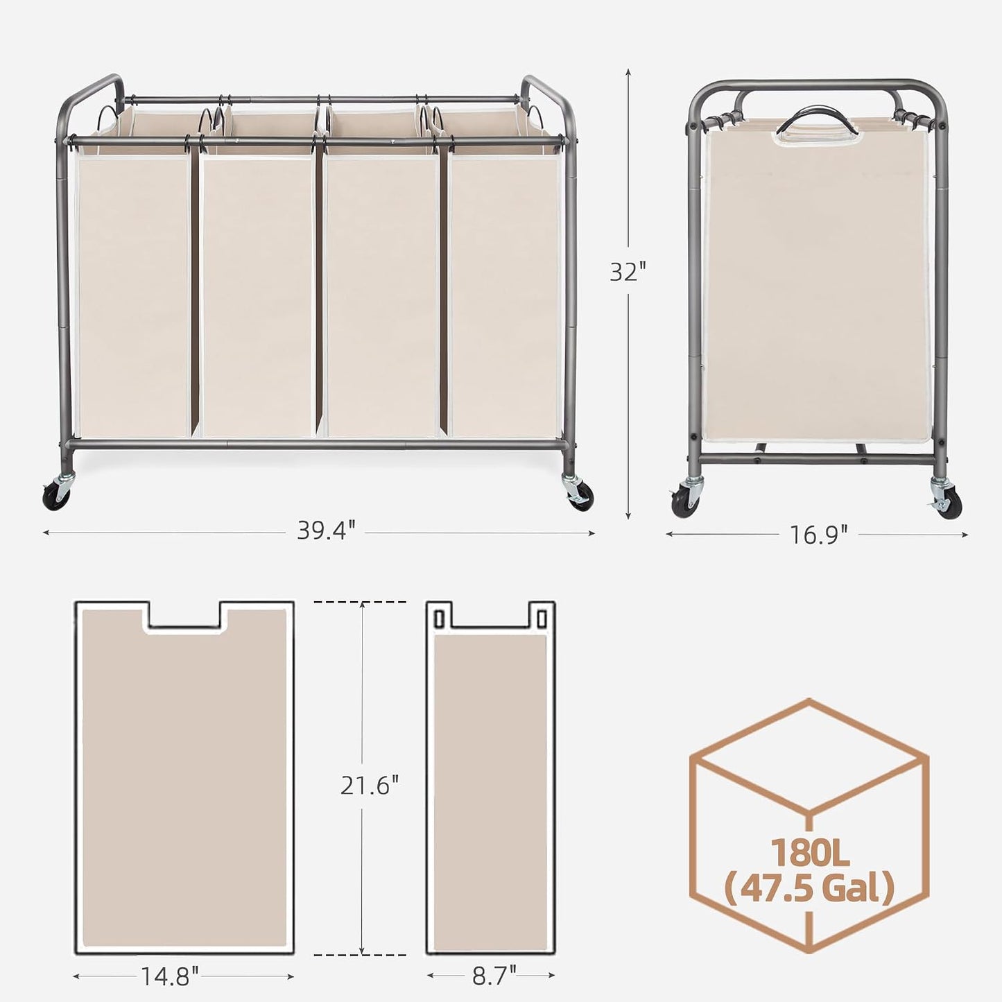 STORAGE MANIAC 3 Section Laundry Sorter, 35.6 Gal (135 L) Laundry Hamper Cart with Heavy Duty Rolling Lockable Wheels and Removable Bags, Clothes Organizer Basket Separator Hamper, Gray