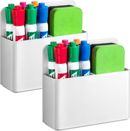 2 Pack Magnetic Pen Holder Cup for Whiteboard, Classroom Supplies | Plastic Magnetic Dry Erase Marker Holder for Refrigerator Fridge, Pencil Cup for School, Locker Accessories Organizer-White