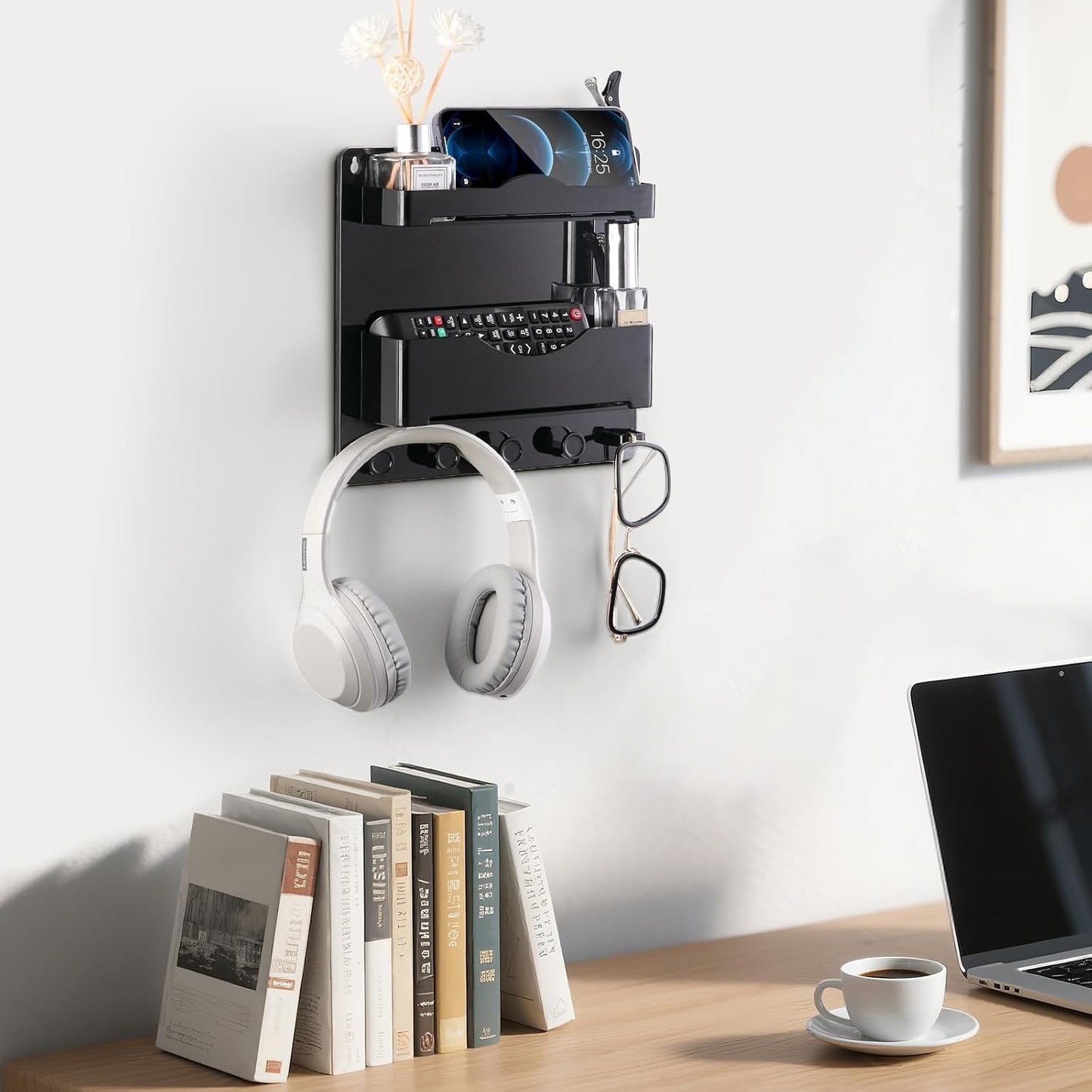 Bedside Wall Shelf with Glasses Hooks, Adhesive Bedside Organizer Wall Mount for Dorm and Room Accessories Phone，Remote，Earphone， Kindle (White)