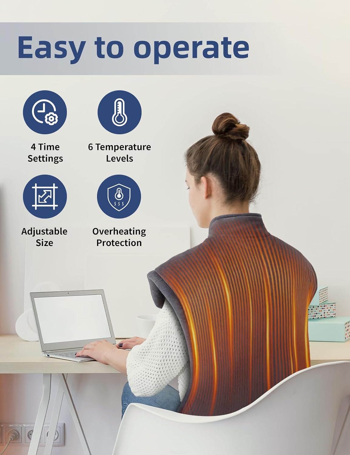 Heating Pad for Back, Shoulders, Abdomen & Waist, 6 Heat Levels & 4 Timer Settings, Moist/Dry Heat Option, Machine Washable