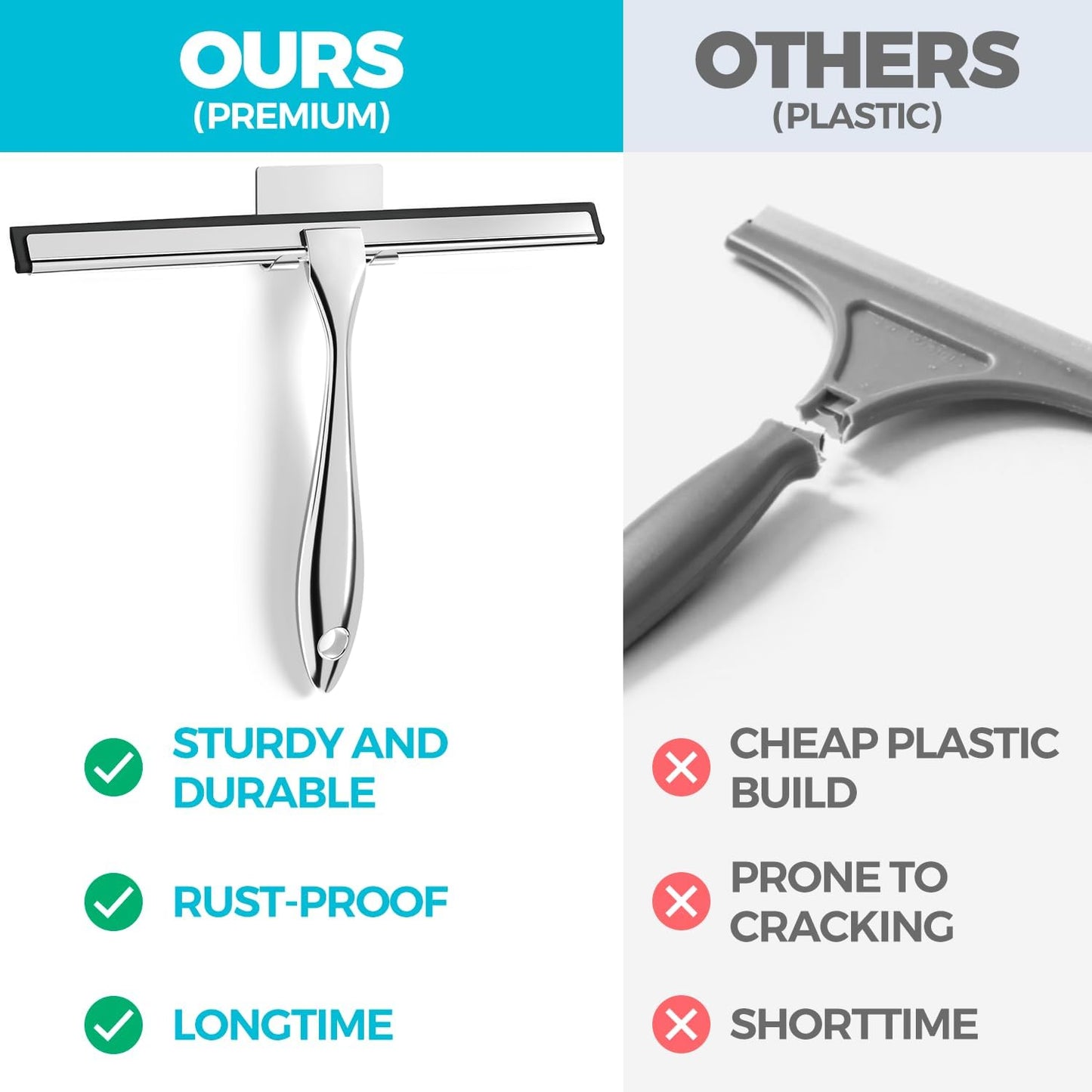 2pcs Shower Squeegee for Glass Doors with Adhesive Hanging Hook Set | 10” Silver, Bathroom Accessories, Window Cleaner, New Home Essentials, Soft Rubber Blade, Metal Handle, Ergonomic Grip