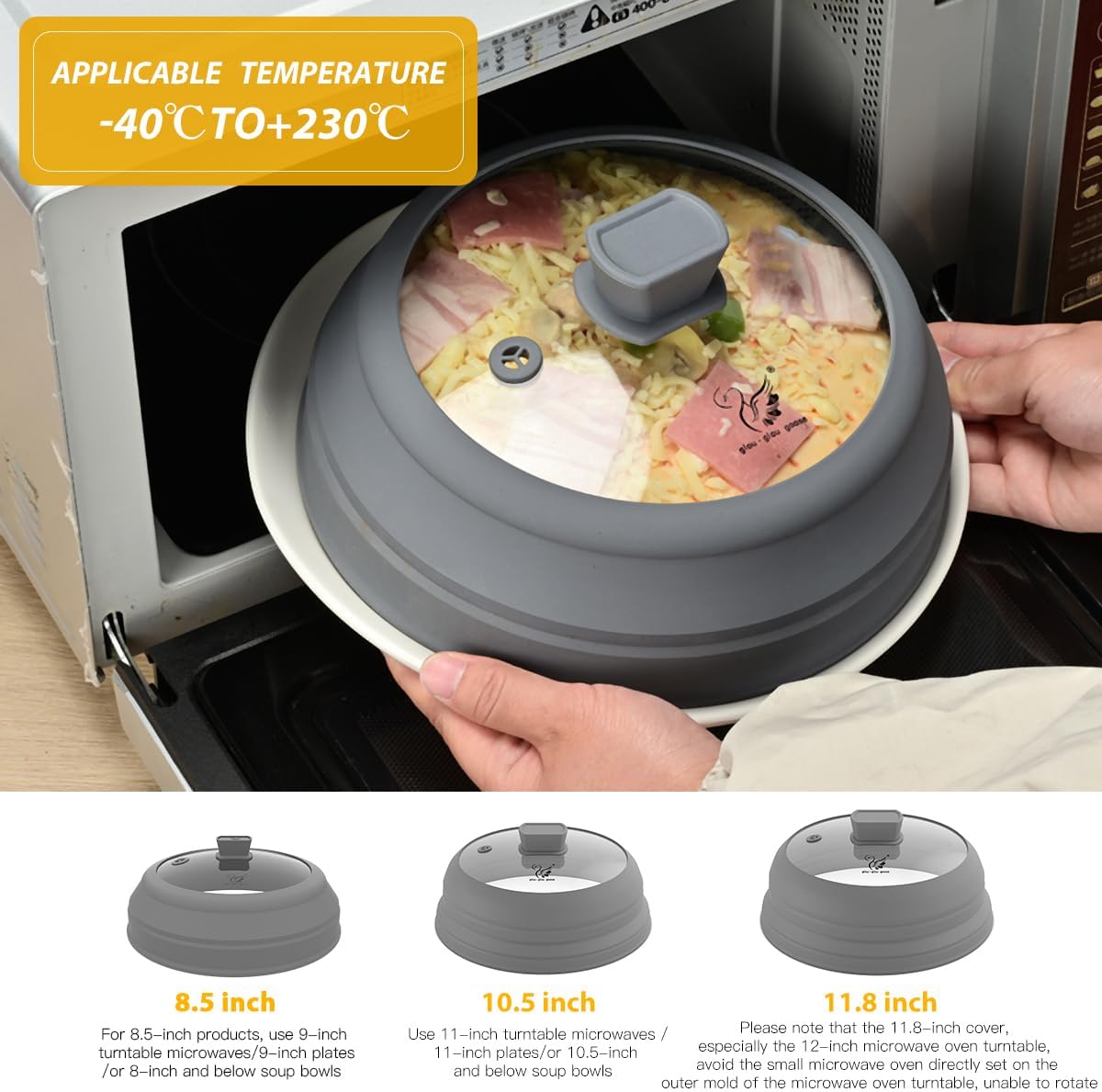 Microwave Splatter Cover Glass Splatter Guard Lid with Collapsible Silicone for Food Pot Cover Plate Cover 10.8 inch Black
