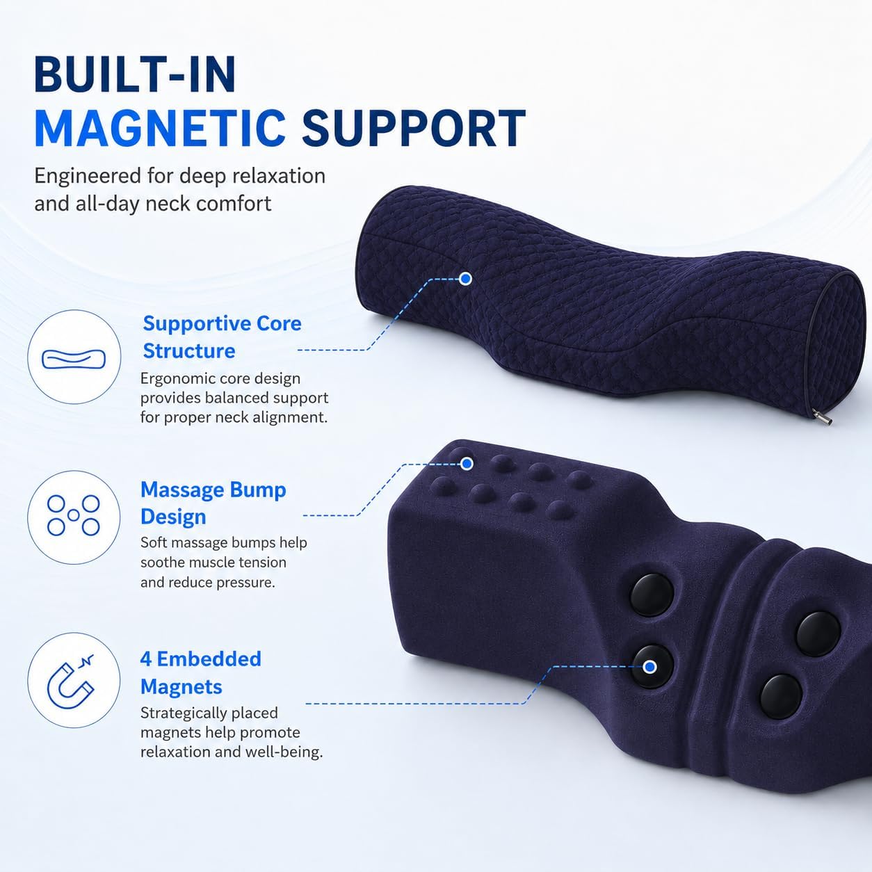 Cervical Neck Pillow, Memory Foam Neck Bolster for Sleeping, Washable Cover | polyester cover, slow rebound foam, magnet filling, raised dot texture, removable washable case, bed office chair travel