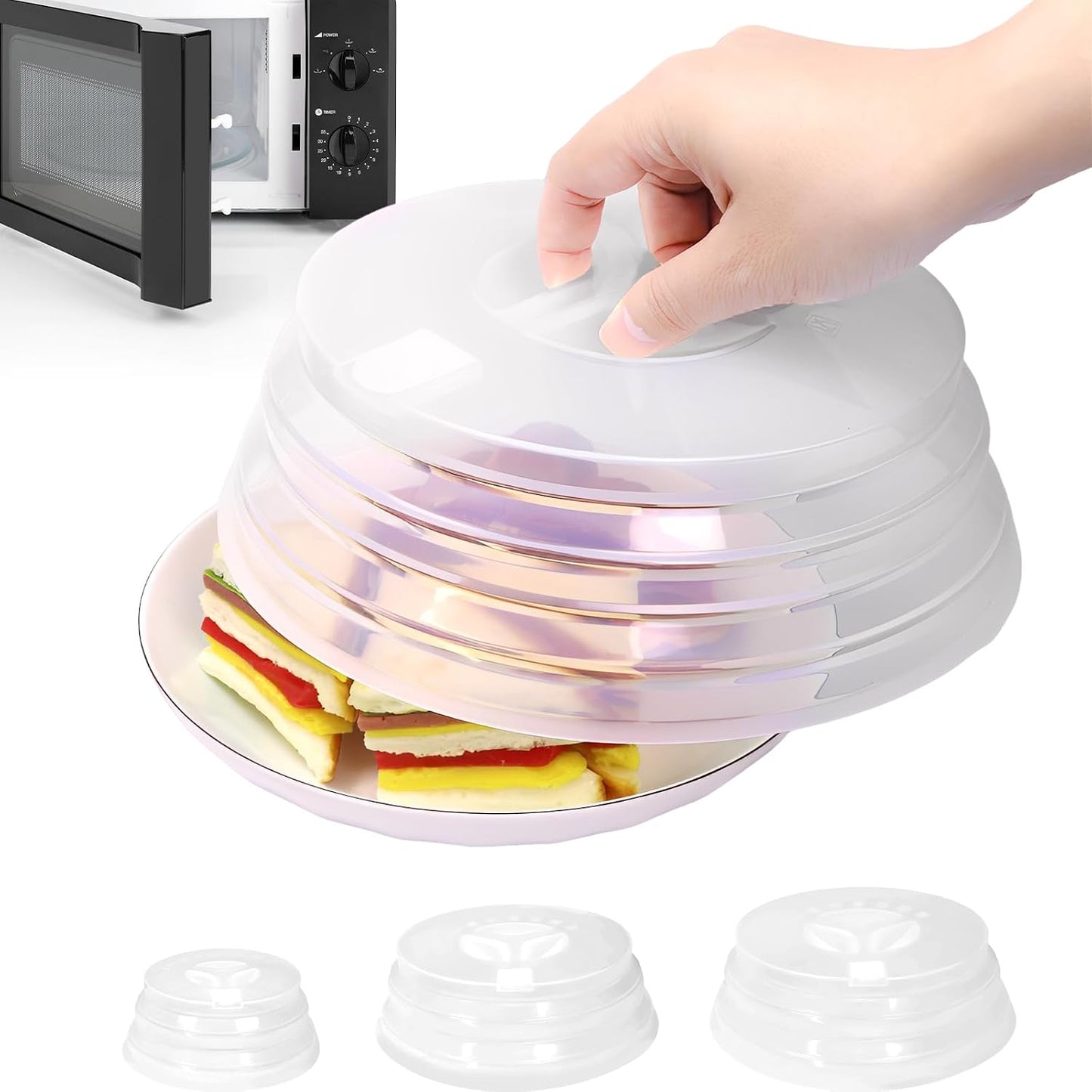 Set of 3 Collapsible Silicone Microwave Plate Cover for Food, Easy Grip Handle Clear Silicone Lids, Refrigerator Dishwasher Safe and BPA Free 7.5/9.4/10 Inch