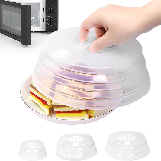 Set of 3 Collapsible Silicone Microwave Plate Cover for Food, Easy Grip Handle Clear Silicone Lids, Refrigerator Dishwasher Safe and BPA Free 7.5/9.4/10 Inch