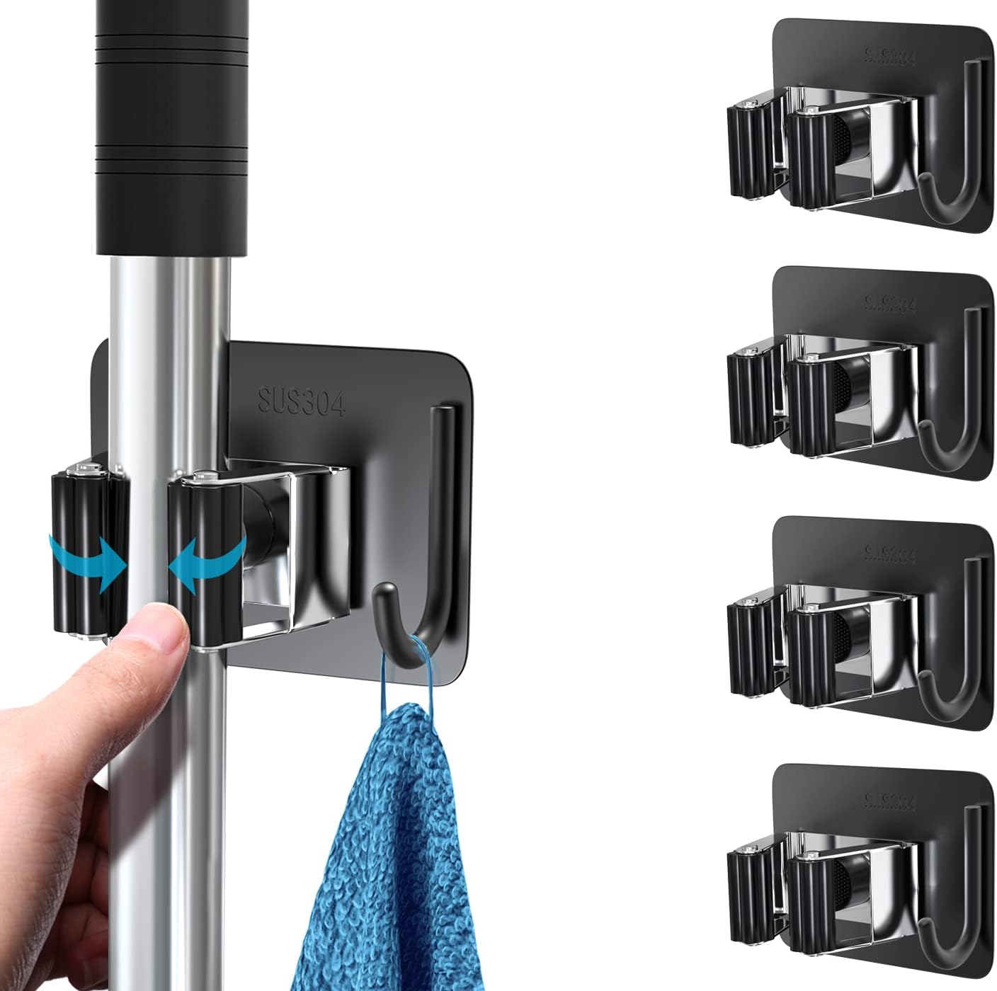 homeasy Broom Holder Wall Mount 4Pcs, Self Adhesive Mop Broom Hanger Black | Self adhesive stainless steel broom organizer with 4 hooks, holds mops, brooms and garden tools without drilling