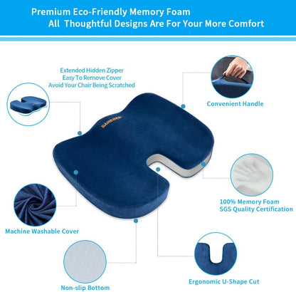 SAIREIDER Office Chair Cushion, Car Seat Cushion, Memory Foam Coccyx Cushion Pads for Tailbone Pain, Sciatica Relief Pillow, Correct Sitting Posture (Black)