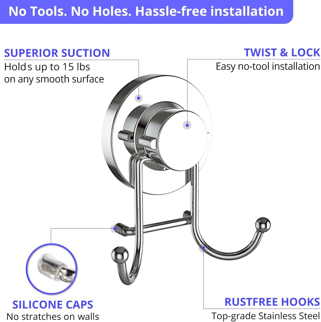 HOME SO Suction Cup Hooks for Shower & Bathroom Towel Holder 1-Pack Chrome | Waterproof Rustproof Multipurpose Organizer Hook for Hanging Loofah Robe Coat Bath Accessories on Tile Glass Door Mirror