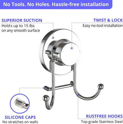 HOME SO Suction Cup Hooks for Shower & Bathroom Towel Holder 1-Pack Chrome | Waterproof Rustproof Multipurpose Organizer Hook for Hanging Loofah Robe Coat Bath Accessories on Tile Glass Door Mirror