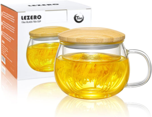 15oz Clear Glass Tea Cup with Infuser and Lid for Blooming & Loose Leaf Tea | with Handle, Borosilicate, Heat Resistance, Lead-free, Microwave & Dishwasher Safe, Gifts Box Include, A