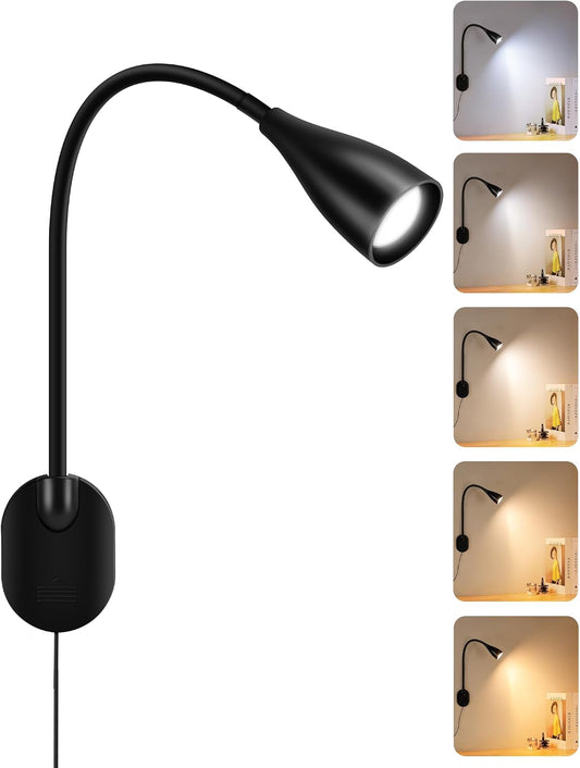 2 Pack LED Wall Mounted Bedside Reading Light, 3 Color Modes,10 Brightness Dimmable, USB Charging Port, Memory Timer Adhesive Wall Light Night Lamp for Books in Bed, Eye-Caring Bedroom Lighting White