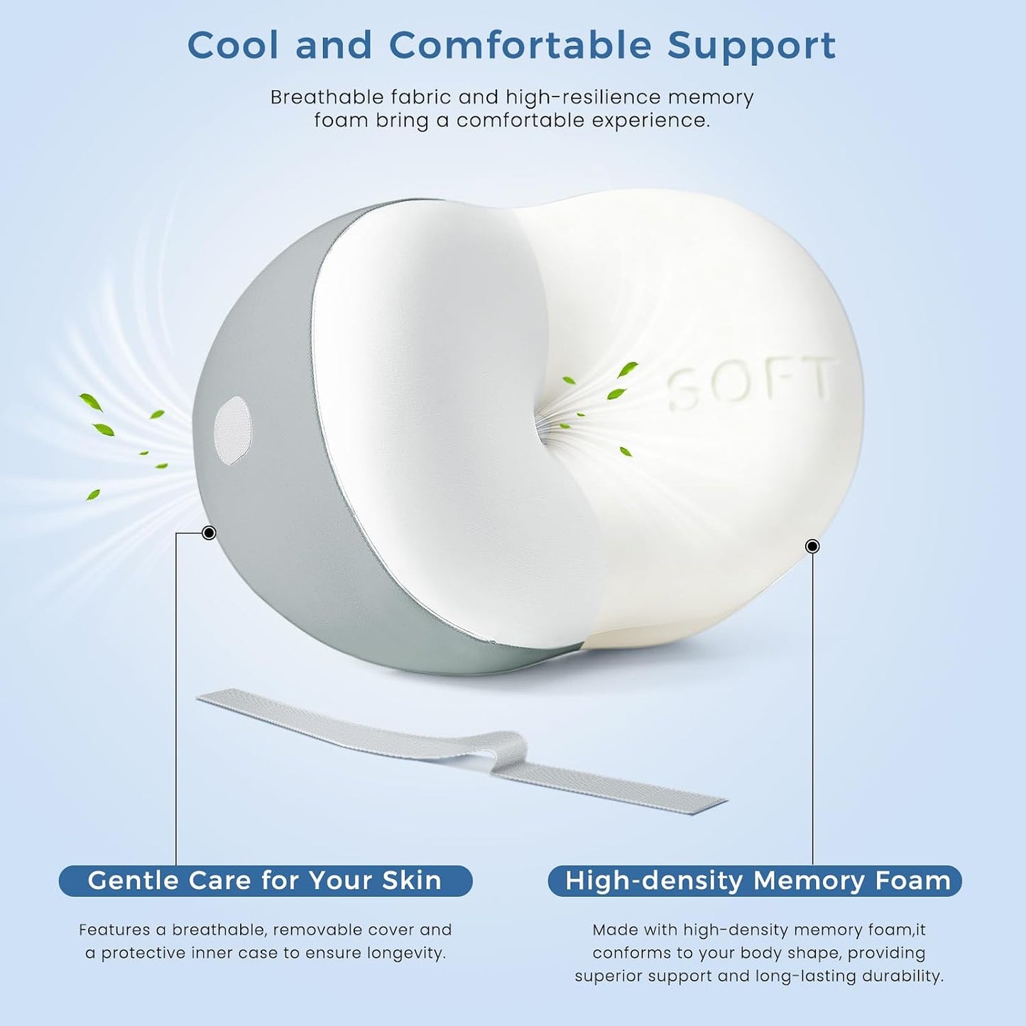 Knee Pillow for Side Sleepers, Leg Pillow with Adjustable Hook & Loop Strap & Removable Washable Cover for Spine Alignment, Sciatica, Hip & Back Pain Relief