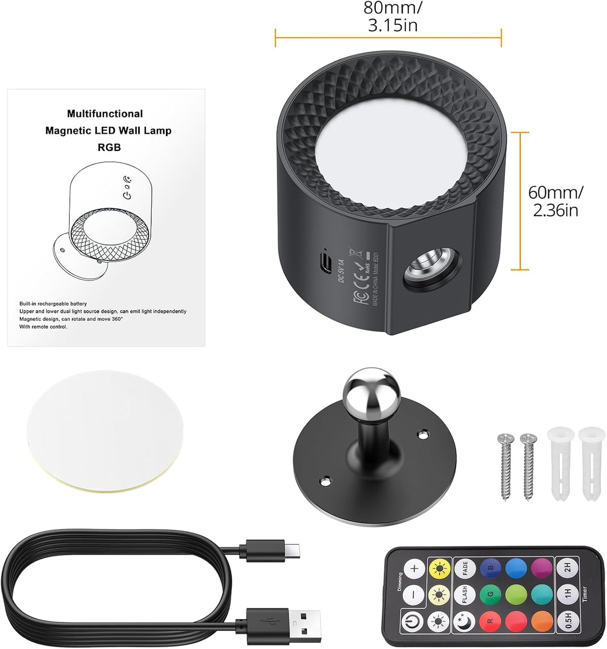 1PCS Wall Mounted Light Lamp Rechargeable Wall Sconces 3 Color Temps 9 RGB