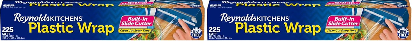 Reynolds Kitchens Clear Plastic Wrap, Built-In Slide Cutter, 225sq ft | Plastic Cling Wrap for Food Storage, Seals in Freshness, Clean Cut Every Time, Ideal For Leftovers, BPA-Free, 12 in x 225 ft