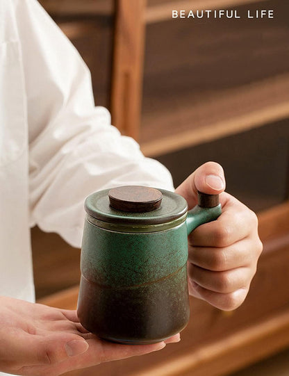 Tea Cup with Infuser and Lid, Rural style Wood Handle Ceramic Mugs Green | Tea Mug Cups with Infuser, Capacity about 320ml / 10.82 OZ, Suitable for Tea, Flower Buds, Coffee, Water, it is LEAD-FREE