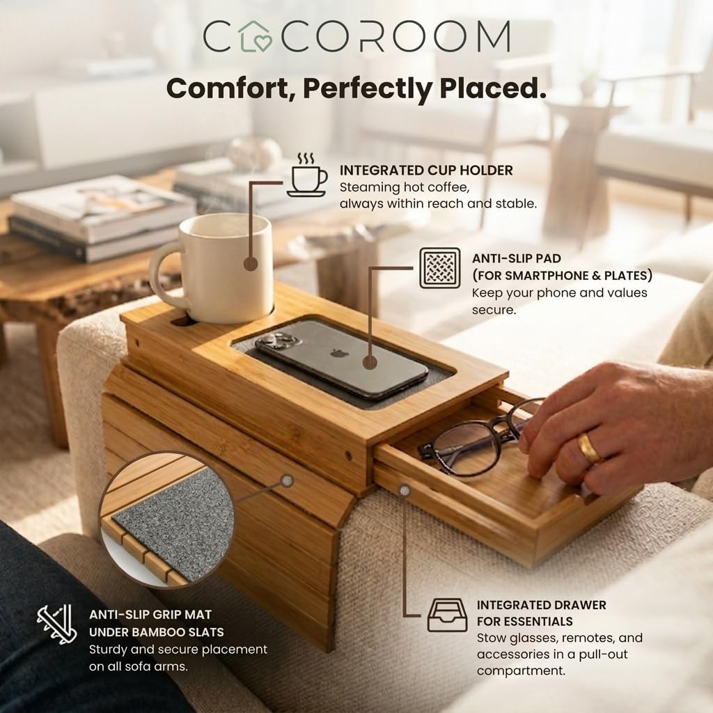 Sofa Arm Tray with Drawer, Bamboo Couch Armrest Table, Natural | Anti-slip phone pad | Wood finish | Hidden storage for remote, glasses, snacks | Fits armchair, recliner, chair, arm rests