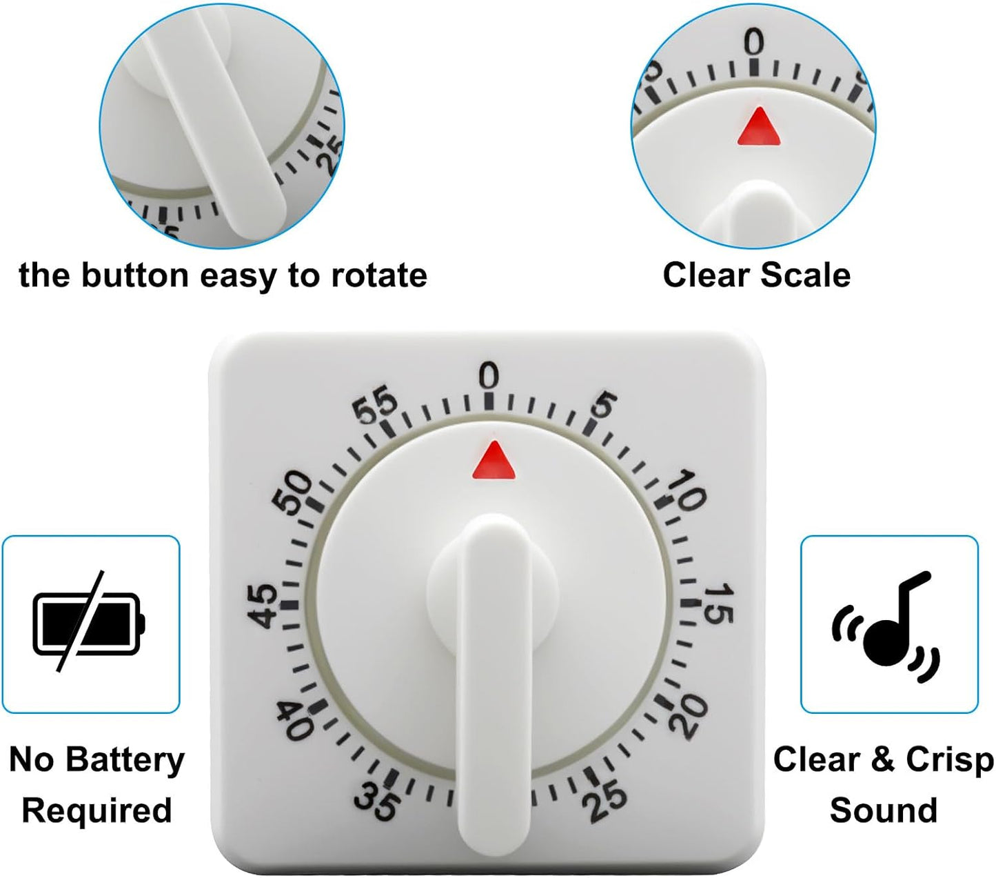Hitefu Square 60 Minute Mechanical Kitchen Timer, White, 2 Pcs | Visual Cooking Timer, Loud Alarm, No Batteries, For Classroom / Home