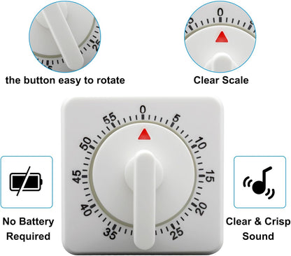 Hitefu Square 60 Minute Mechanical Kitchen Timer, White, 2 Pcs | Visual Cooking Timer, Loud Alarm, No Batteries, For Classroom / Home