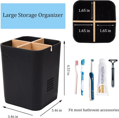 Electric Toothbrush Holder Tooth Brush and Toothpaste Organizer, Black | 3 Slots, Drainage Holes, Removable Bamboo Divider, Ventilation Design, Space-Saving, for Bathroom Countertop, Shower, Vanity