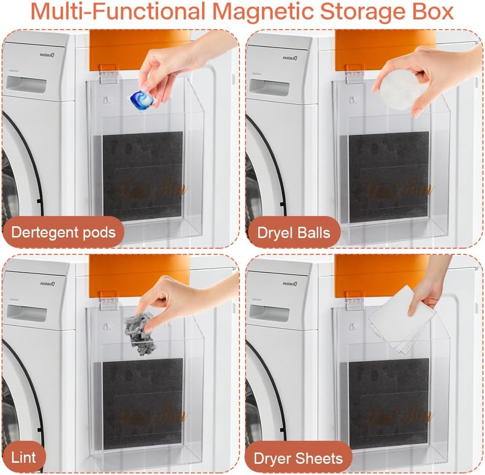 Picowe Magnetic Laundry Storage, Large Clear Acrylic Lint Holder Bin with Lid for Laundry Room with Dryer Lint Brush, Space-Saving Trash Container Hanging on Dryer, Washer or Wall Mount Trash Bin