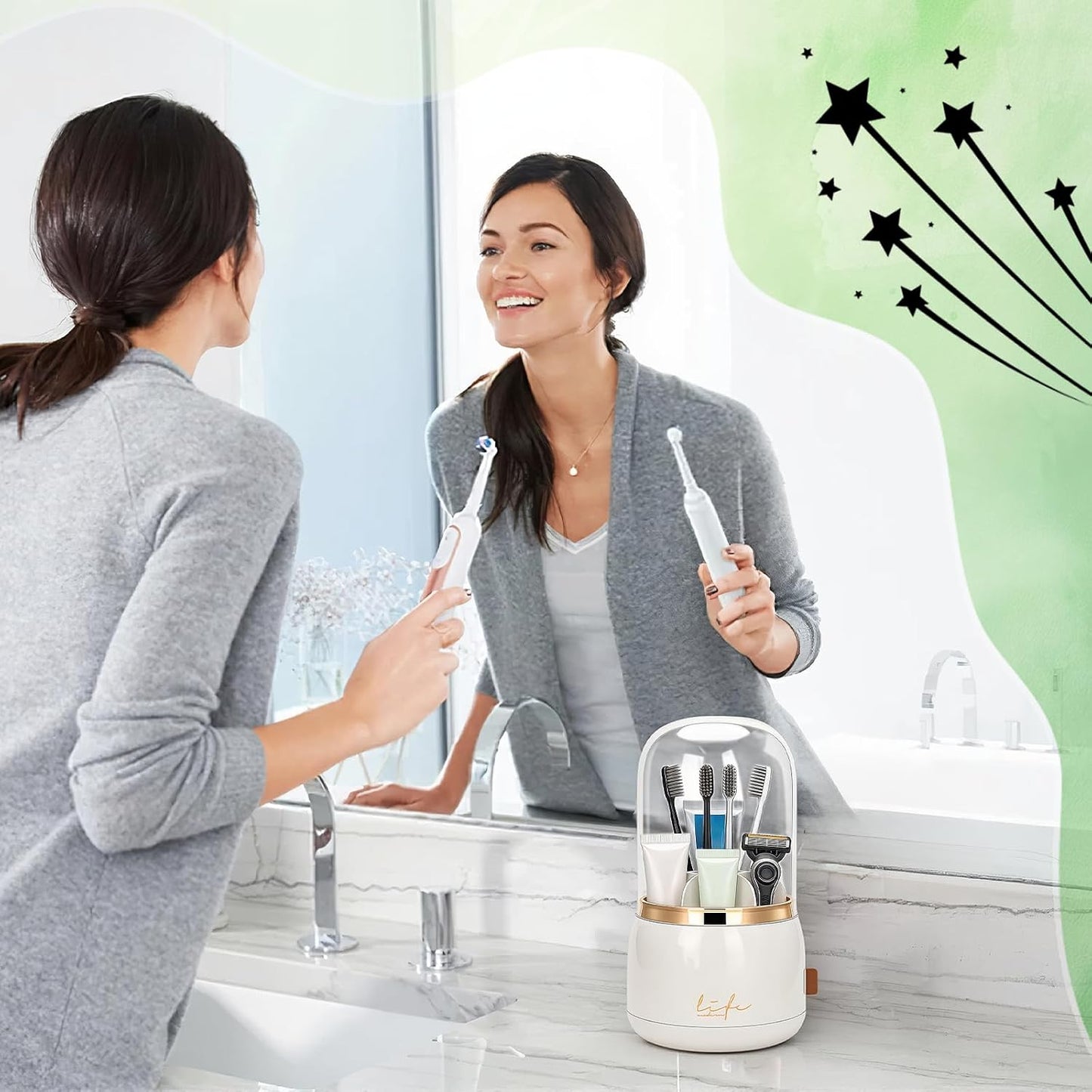 360 Rotating Toothbrush Holders for Bathrooms, 7-Slot Toothbrush Holder with Cover & Drainage, Bathroom Countertop Organizer for Electric Toothbrushes, Toothpaste & Makeup Brushes