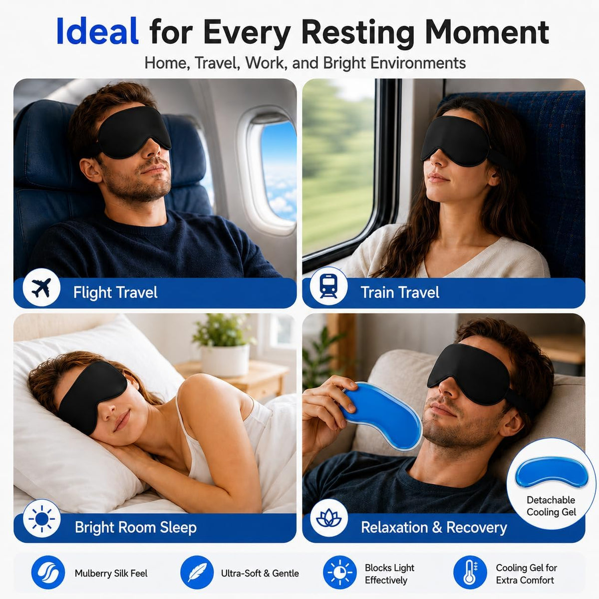 Cooling Sleep Mask with Mulberry Silk Surface & Removable Gel Pack