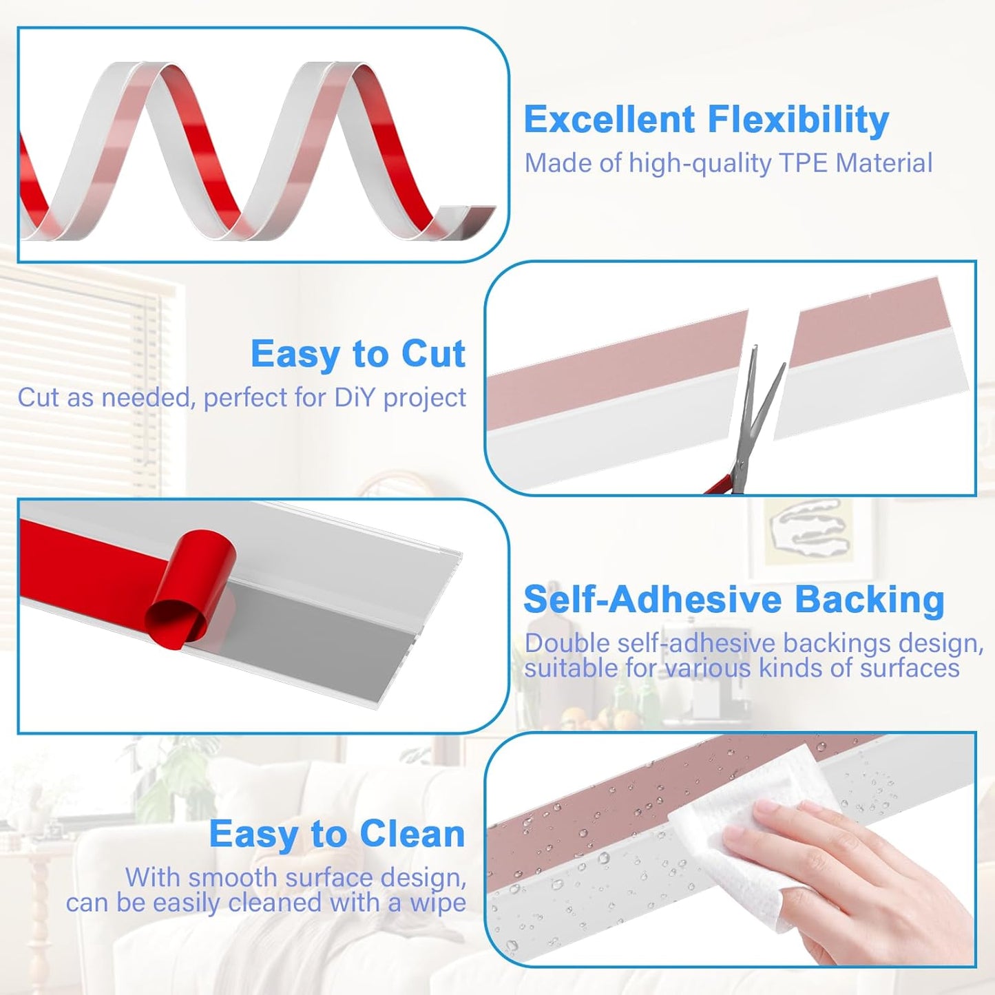 Door Weather Stripping, Silicone Door Seal Strip Sealing Tape, Door Draft Stopper Adhesive Seal Tape for Doors Windows &Shower Glass Door Gaps (Thickness Upgrade)