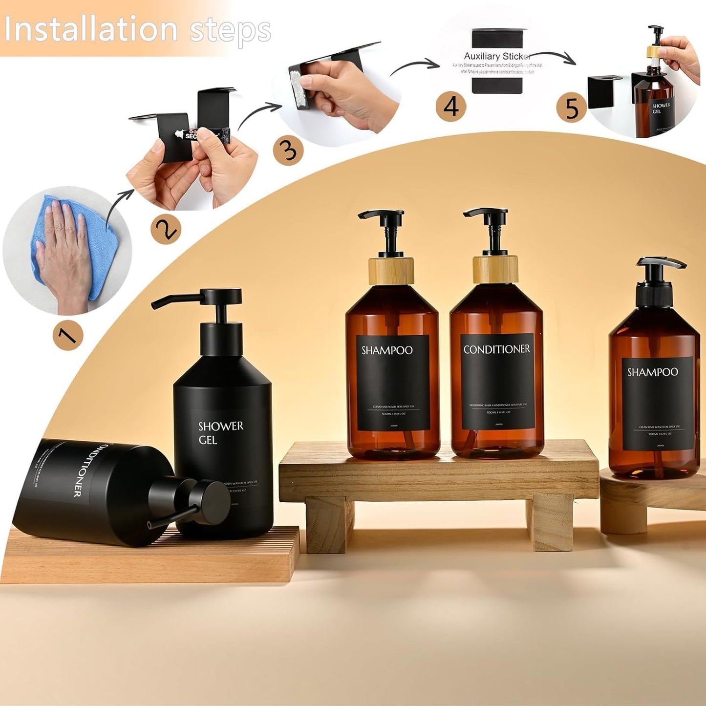 Shampoo and Conditioner Dispenser Set of 3 for Wall Mount | 16.9 fl oz Drill Free Shower Soap Bottles,Refillable Body Wash Dispensers for Bathroom Decor (Amber Bottles + Bamboo Pumps)