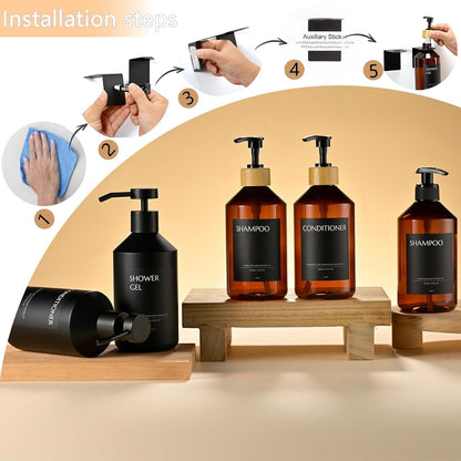 Shampoo and Conditioner Dispenser Set of 3 for Wall Mount | 16.9 fl oz Drill Free Shower Soap Bottles,Refillable Body Wash Dispensers for Bathroom Decor (Amber Bottles + Bamboo Pumps)