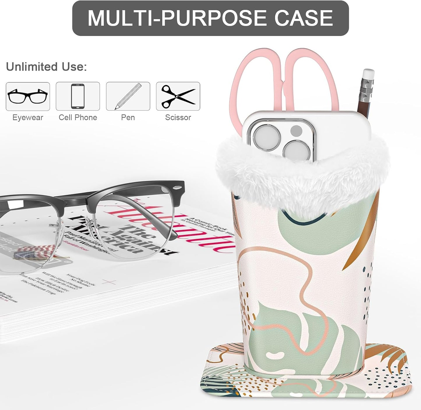 Eyeglasses Holder,Plush Lined PU Leather Pattern Stand Case with Magnetic Base,Unisex for Women Men