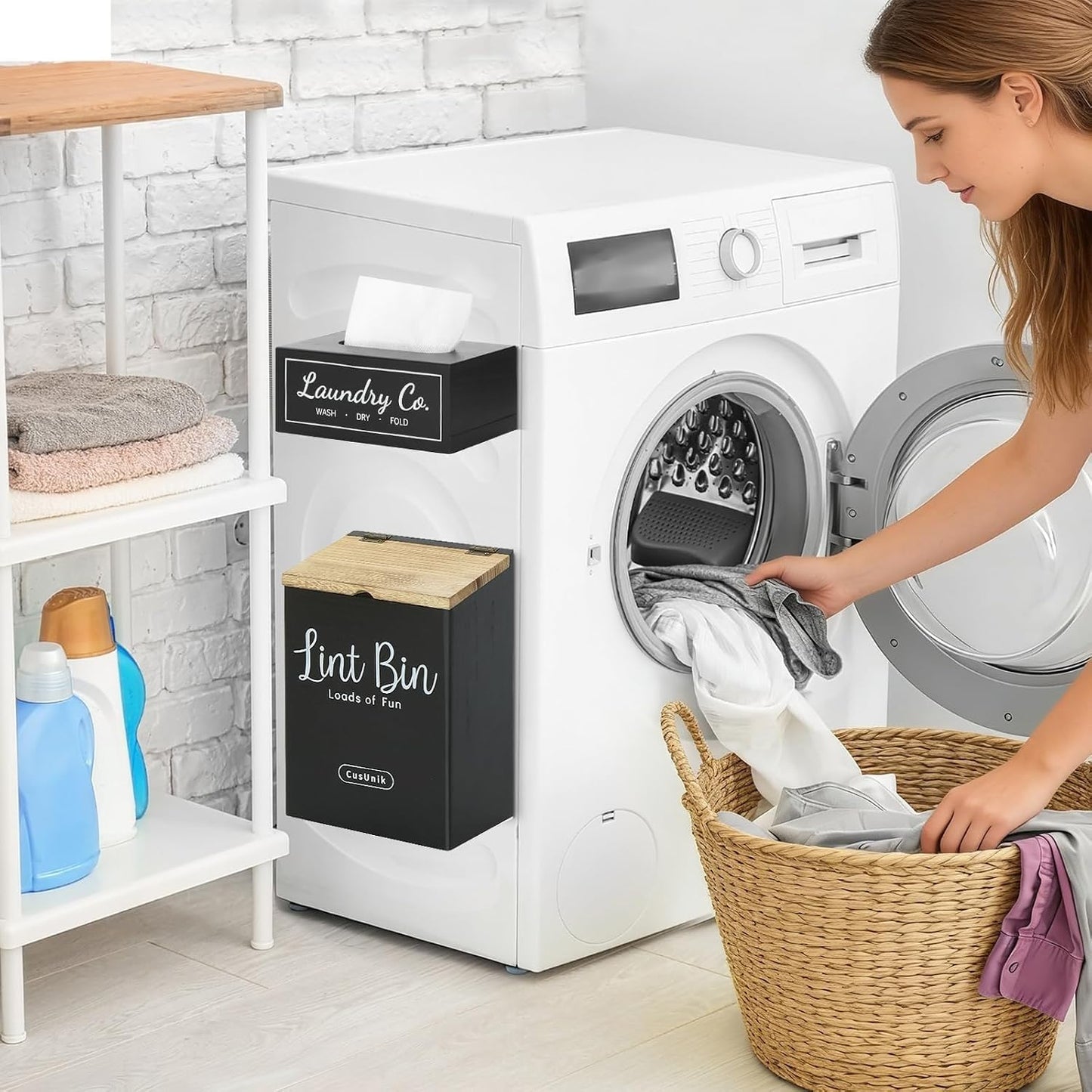 Magnetic Lint Bin and Dryer Sheet Holder Set for Laundry Room Organization | Wall Mounted Laundry Organization and Storage,Wooden Lint Trash Can with Lid and dryer sheet dispenser,Laundry Room Trash Can