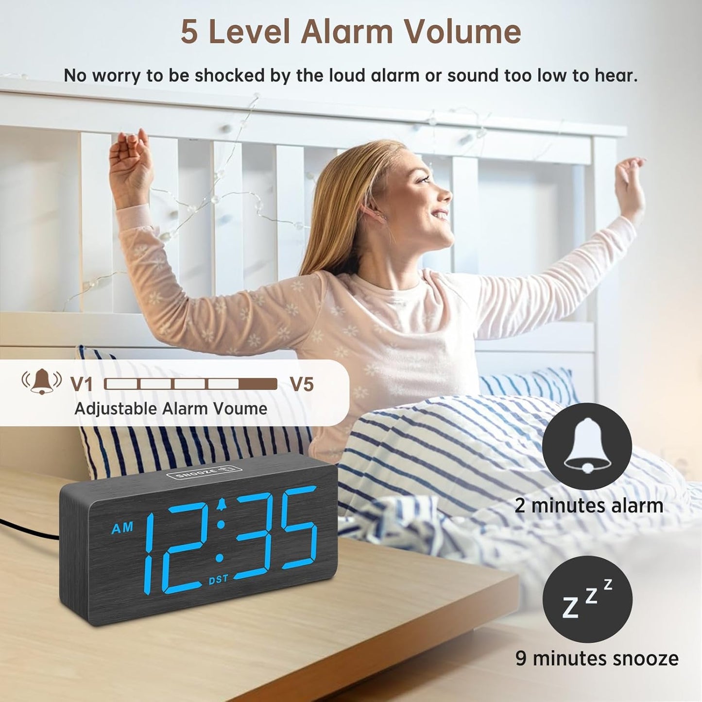 DreamSky Wooden Digital Alarm Clock for Bedroom with Large Numbers | Desk Clock for Living Room Office, Loud Alarm for Heavy Sleepers Adults, Volume Control, Dimmer, DST, Wood Decor (Plug-in)