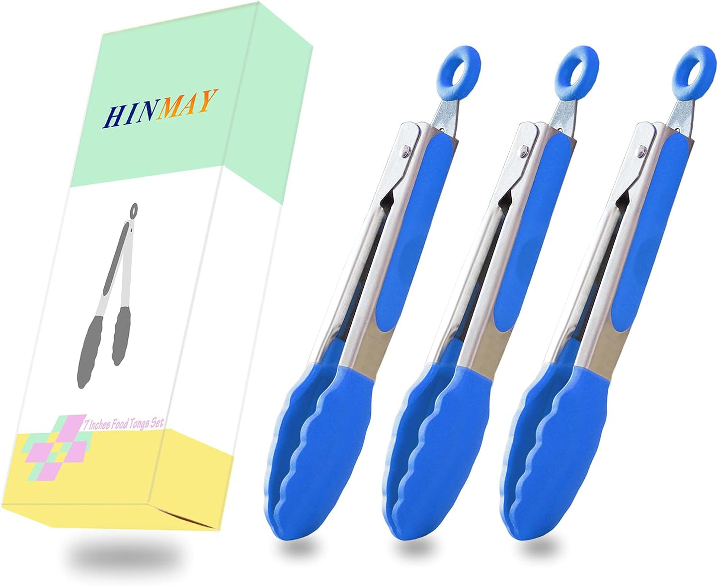 HINMAY Mini Tongs with Silicone Tips 7-Inch Serving Tongs, Set of 3 (Red Blue Green)