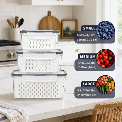Fruit Containers 3Pcs with Removable Colanders & Lids, Fridge Fresh Storage