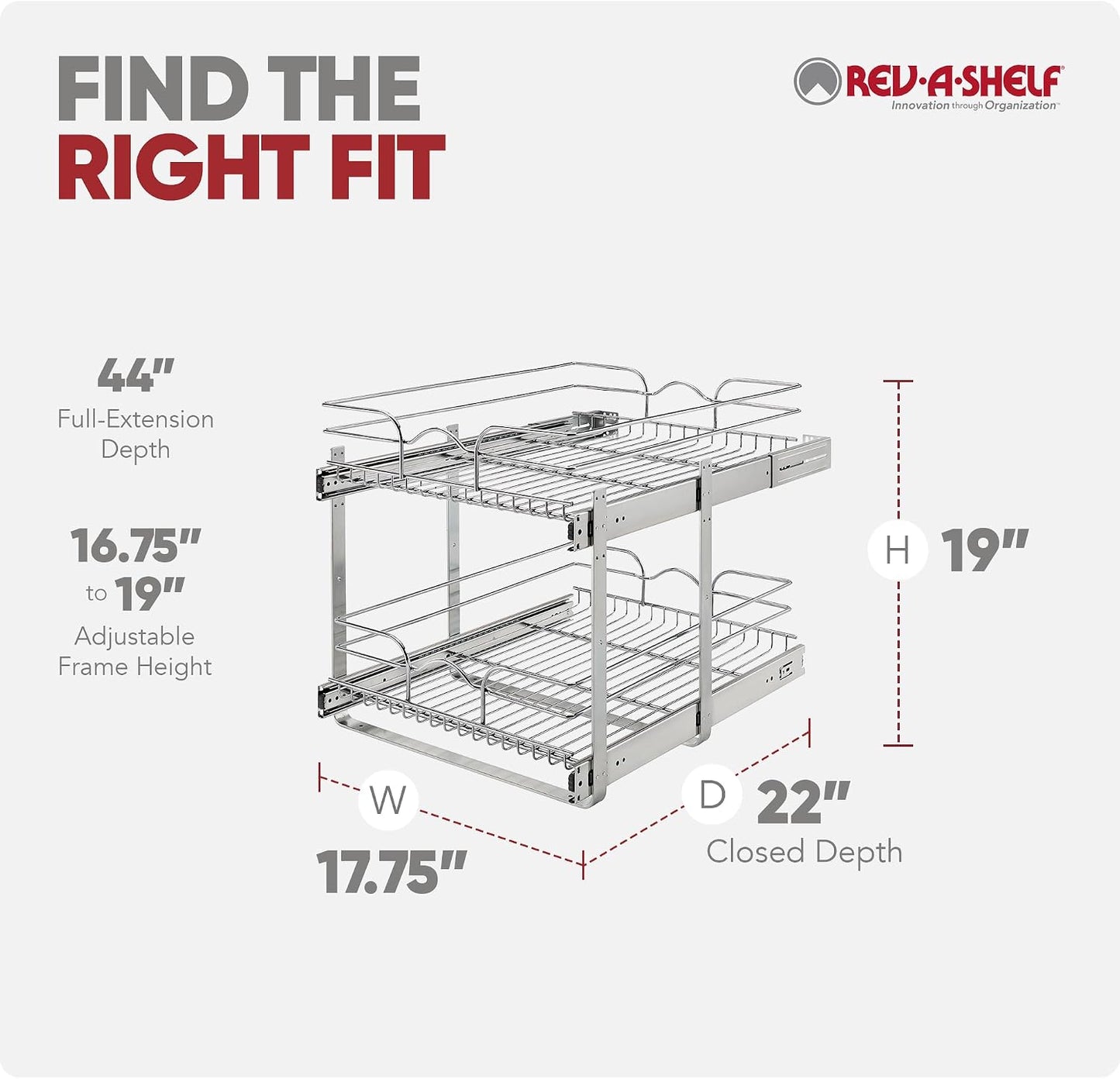 Rev-A-Shelf Pullout Organizer for Cabinets, Min Opening Width of 18" | STwo-Tier Steel Shelf for Kitchen or Vanity Cabinet Organization, Heavy Gauge Wire Slide Out Storage Basket, 5WB2-1822CR-1
