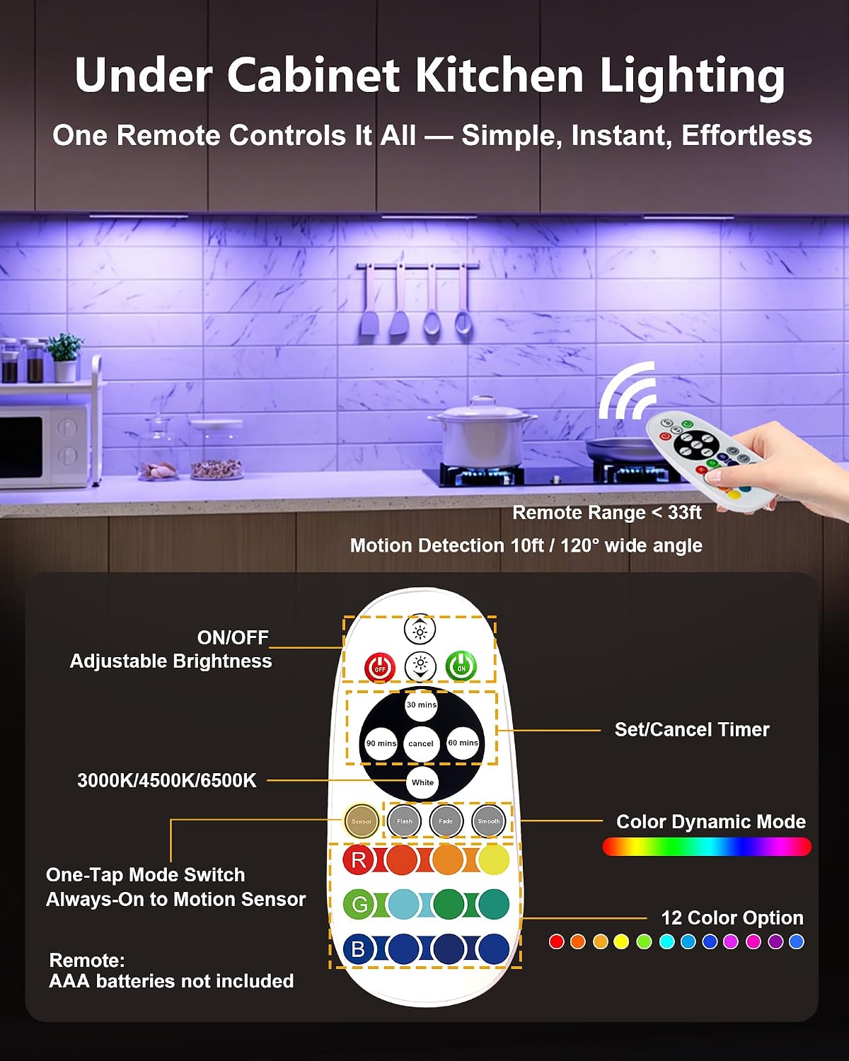 SZOKLED Motion Sensor Night Lights, 58-LED RGB Under Cabinet Lighting Wireless, 1100mAh Rechargeable Under Cabinet Lights Dimmable Closet Lights for Step, Stair, Kitchen,Hallway (2 Pack)
