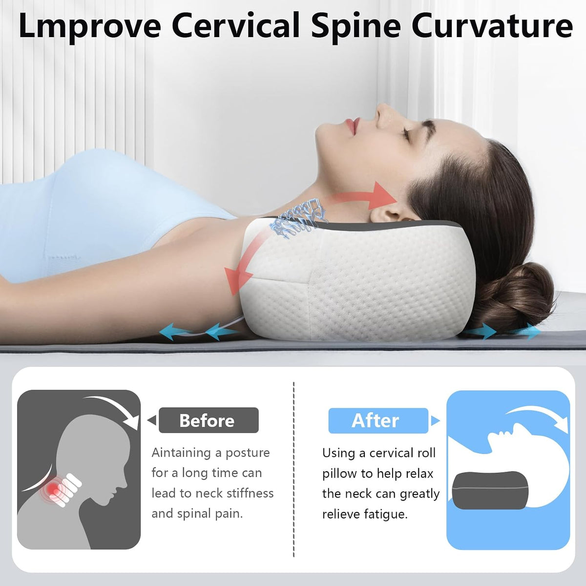 Cervical Neck Roll Pillow, Say Goodbye to Neck Pain, Travel Neck Support Pillow for Side Sleepers, Ergonomic Memory Foam Camping Pillow, Cervical Traction Device with Storage Bag