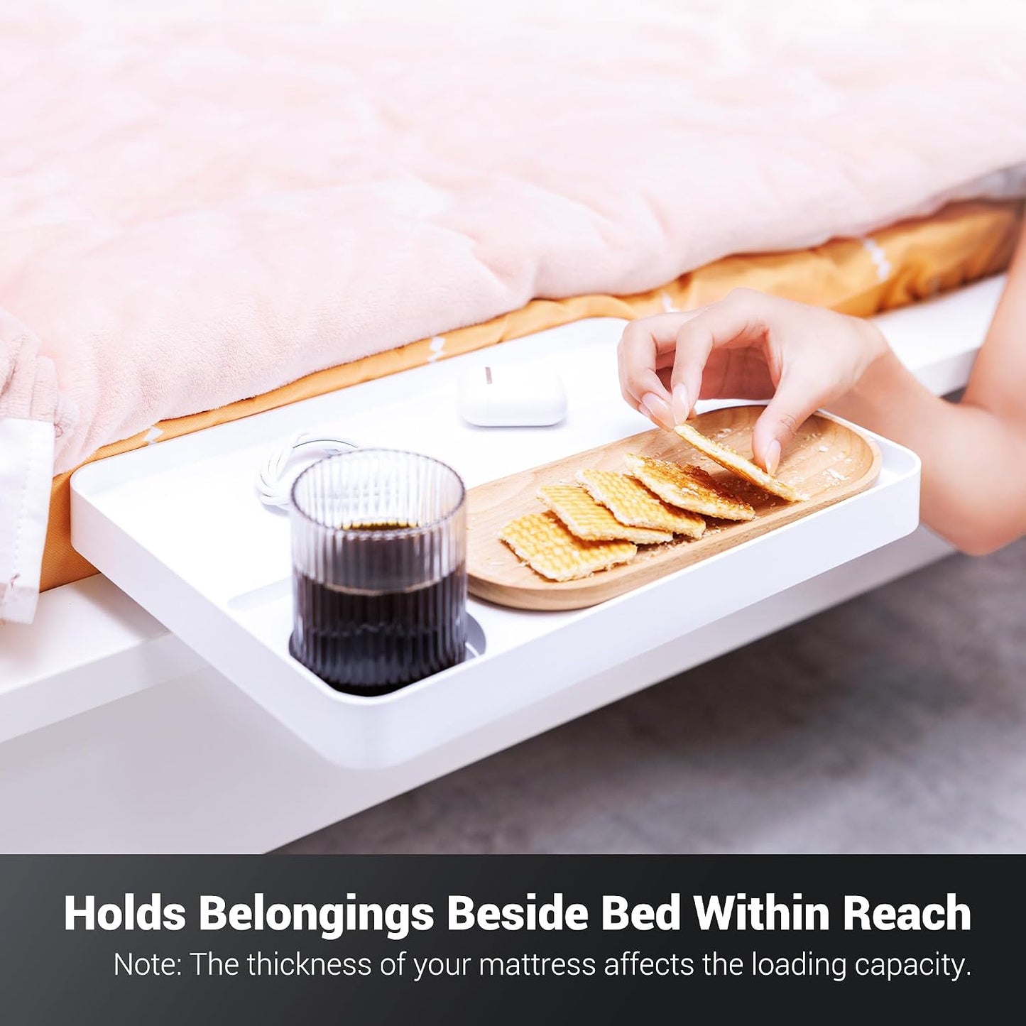 KIWIFOTOS Raised Bedside Shelf for Bed Tray Table Under Mattress | for Box Spring Plate Platform Bed Nightstand Shelf Bedside Caddy College Dorm Room raised bedside table holds up to 6.6 lbs
