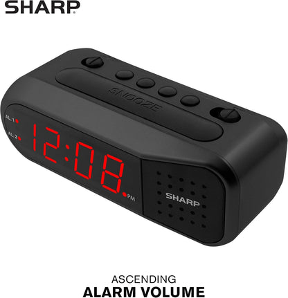 Sharp Digital Alarm Clock for Heavy Sleepers, Dual Alarm, Red LED, Black | Ascending wake sound, weekday/weekend scheduling, 9-minute snooze, easy-set controls, 2 AA backup, bedroom, dorm, office