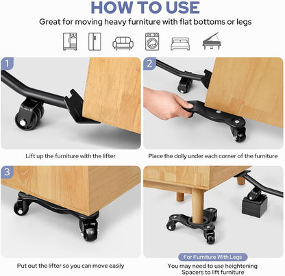 KEDSUM Furniture Dolly, 1150LBS Furniture Lifter Tool Set, 10" Heavy Duty Moving Dolly with 3 Wheels, Used for Moving Sofa, Piano, Cabinet