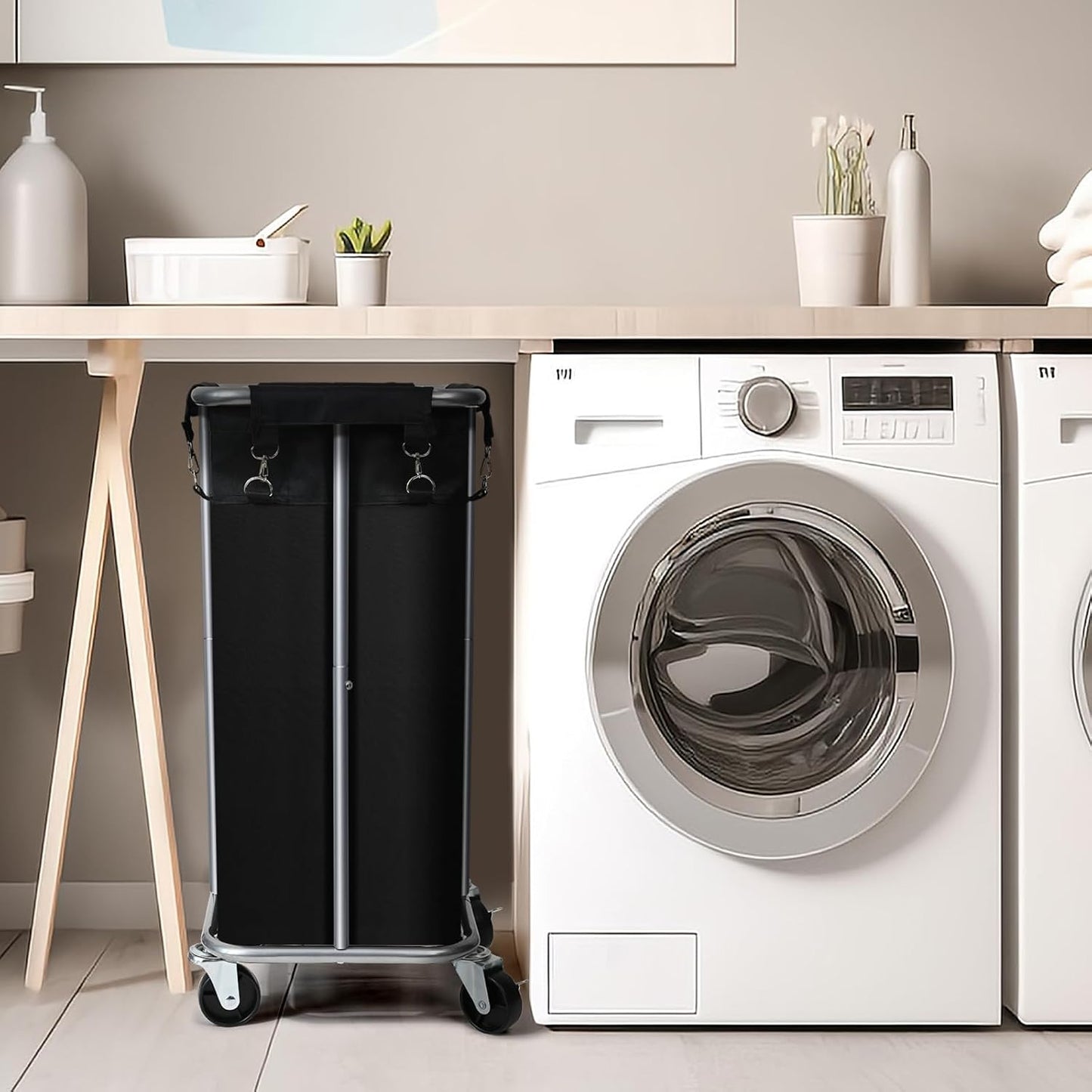 100L Rolling Laundry Hamper Basket with Wheels for Bedroom, Grey | Laundry Sorter Cart with Removable Bag, Tall Narrow Slim Clothes Organizer, Sturdy Metal Frame, Dorm Space Saving